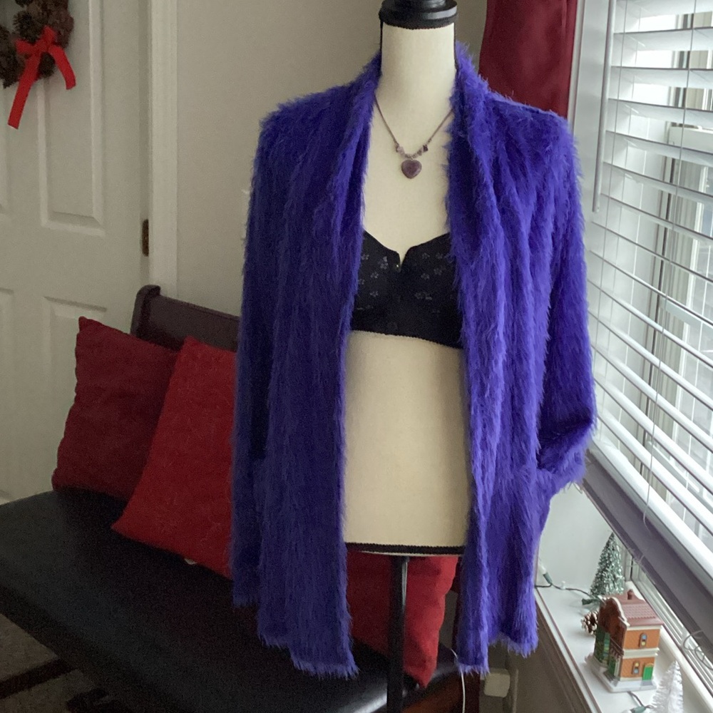 furry purple cardigan